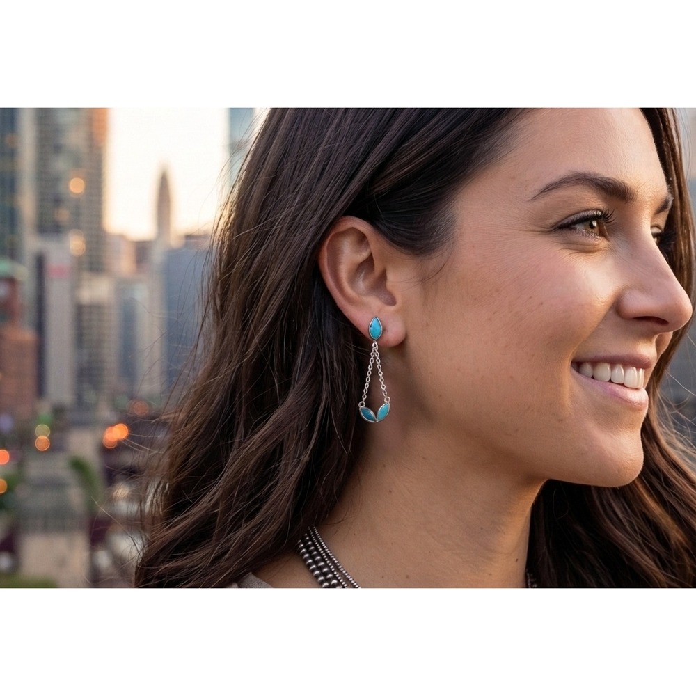 Women's Turquoise Chain Drop Earrings Sterling Silver Turquoise Dangle Earrings*
